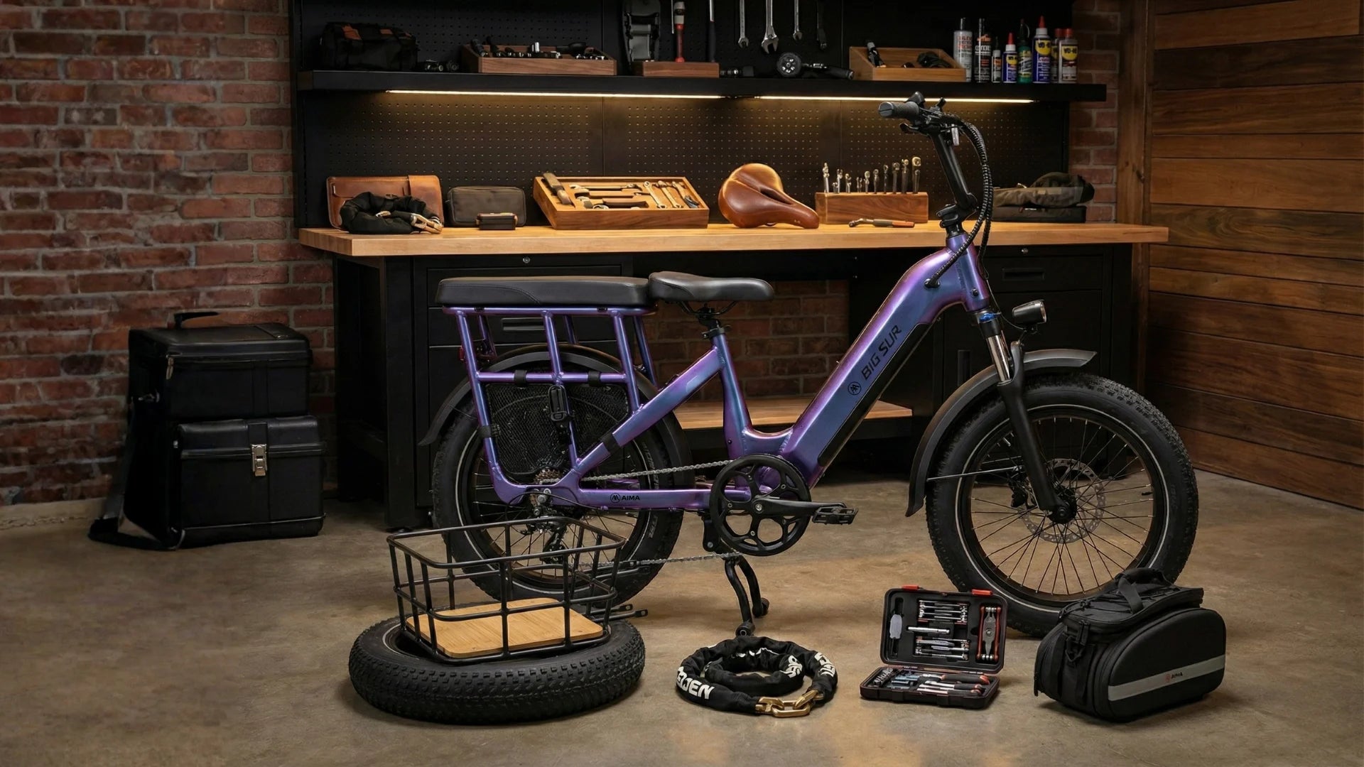 AIMA BIG SUR Utility Purple electric bike with accessories on a wooden workbench in a workshop setting
