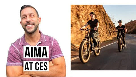 Man with arms crossed with 'AIMA at CES' text, and two people riding bicycles on a road.