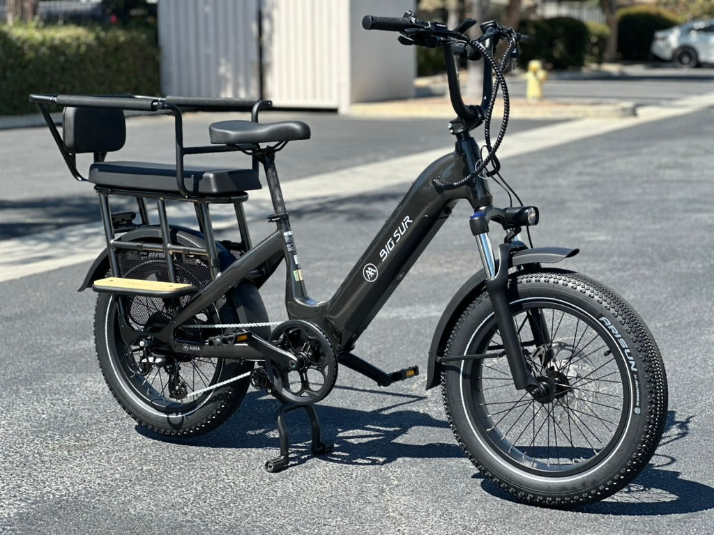 AIMA Big Sur U electric bike with a rear child carrier kit installed, featuring padded seating, handrails and a backrest with bamboo foot peg.