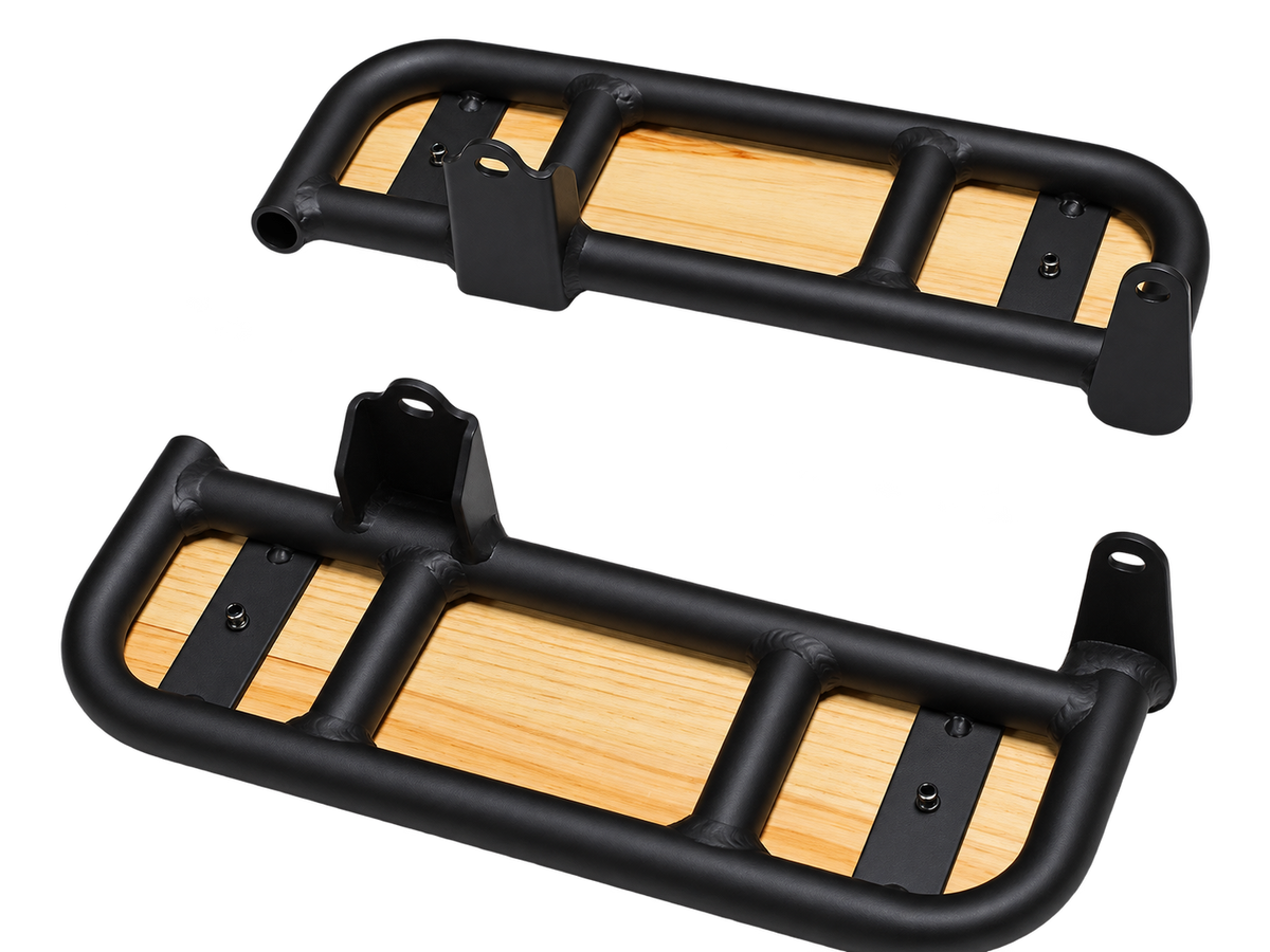 AIMA Big Sur U bamboo foot peg accessory featuring a natural bamboo footrest platform and black metal mounting bracket.